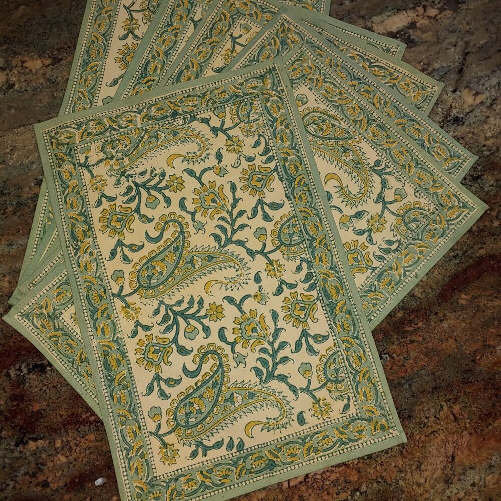 6 Homestead Cotton Block Print Paisley India Kitchen Placemats 20x13